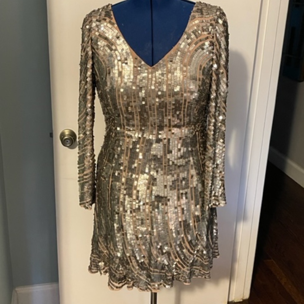 FRENCH CONNECTION AURELIE SEQUIN V NECK COCKTAIL DRESS SIZE 14
